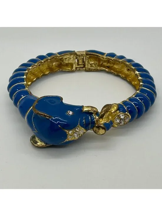 Vintage Enamel Gold-Tone Hinged Teal Blue Elephant Clamper Bangle Bracelet Rhine - Picture 4 of 11